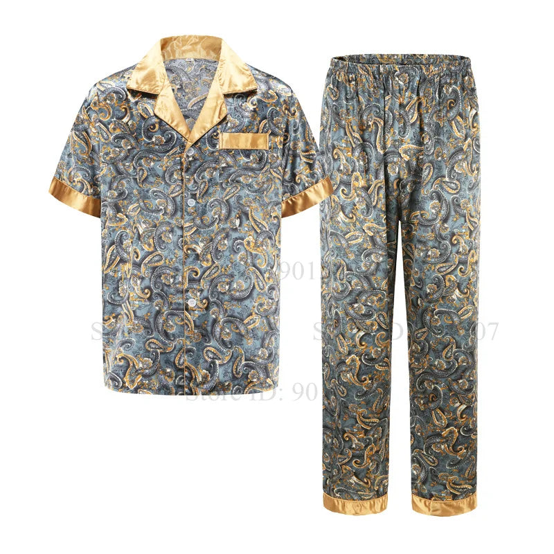 Eisseide Bademantel Herren Freizeitkleidung Hausanzug Bedrucktes Hemd & Hose Sommer Herbst Neuer Bademantel mit Tasche Lockere Nachtwäsche Loungekleidung