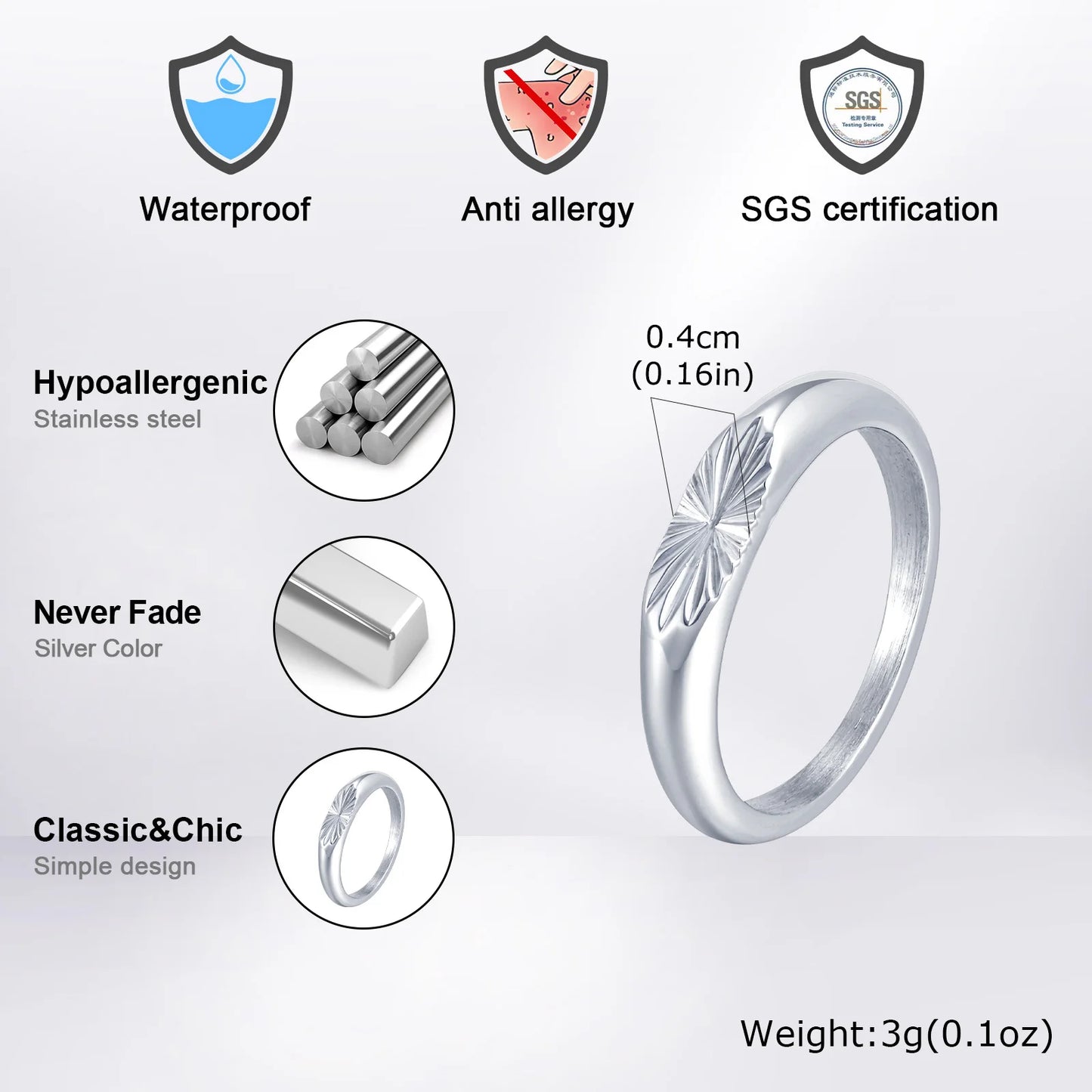 Vnox versilberter Edelstahlring für Herren, Ringe mit Blumenmuster und elliptischer Oberfläche 4 x 9,2 mm, minimalistischer Ring, modische Geschenke