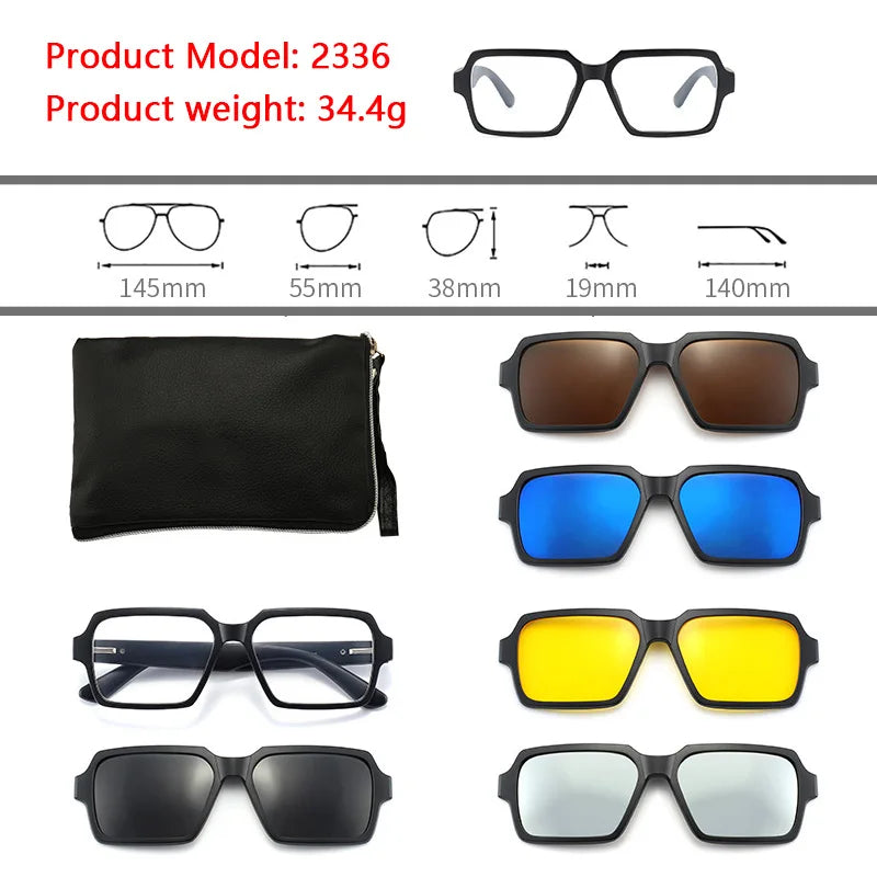 6 In 1 Polarized Sunglasses Men Women Magnetic Clip On Glasses TR90 Optical Prescription Eyeglass Frames Magnet Clips