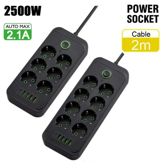 EU Steckdosenleiste mit 2M Verlängerungskabel 6/8 EU Steckdosen 4 USB Typ C Anschlüsse Elektrische Steckdosen AC Multisteckdosenleiste