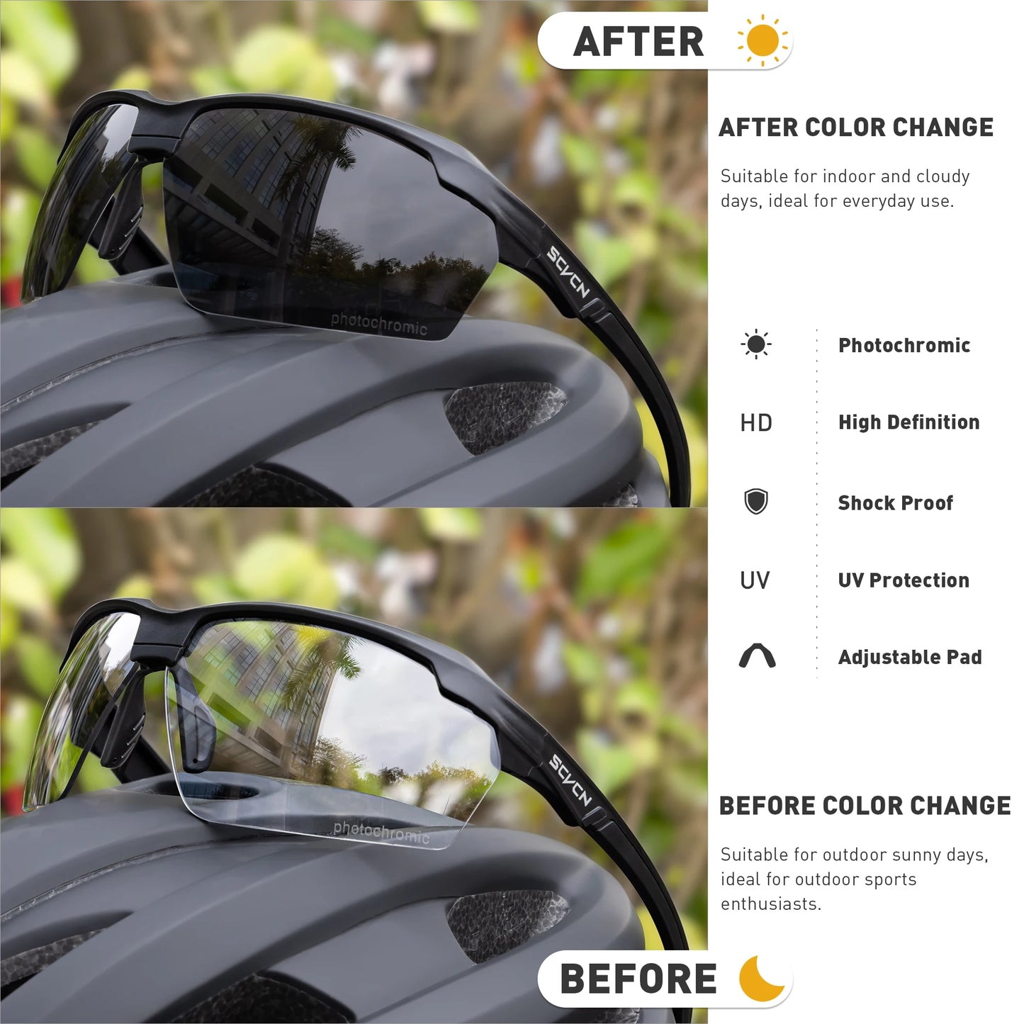 SCVCN Lunettes de soleil photochromiques Cyclisme Vélo VTT Randonnée Golf UV400 Lunettes de sport pour hommes femmes Baseball
