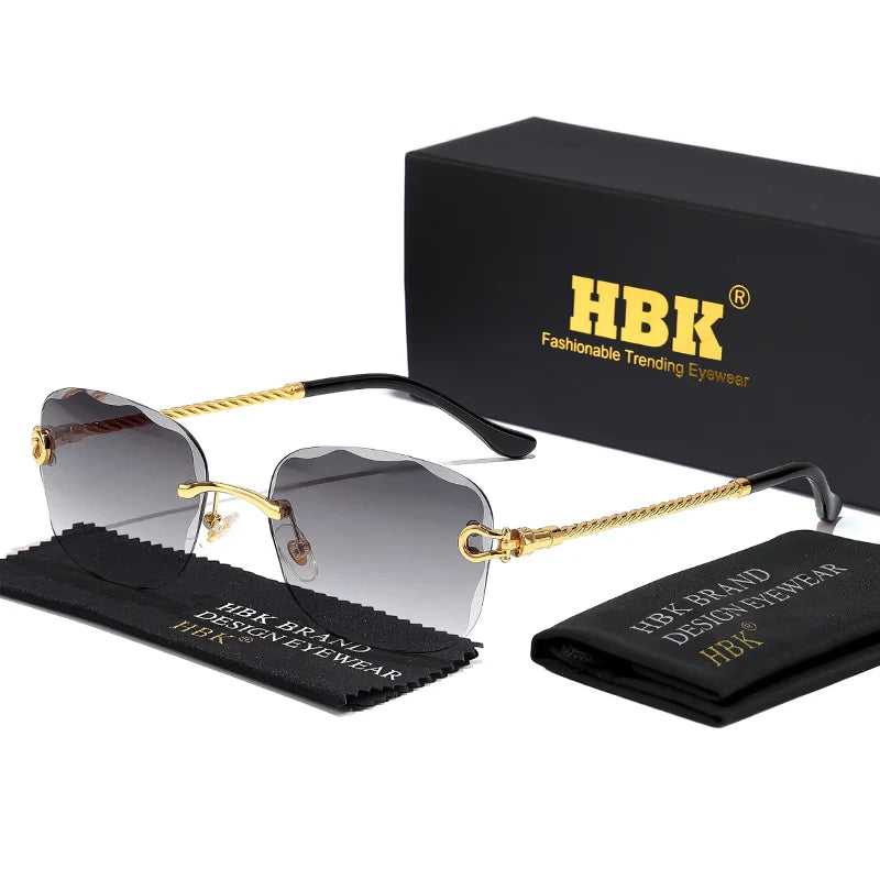 HBK Rahmenlose Metall Sonnenbrille Herren Wellenform geschnitten Sonnenbrille für Damen Reise Shopping Brille UV400 Sommer Stil