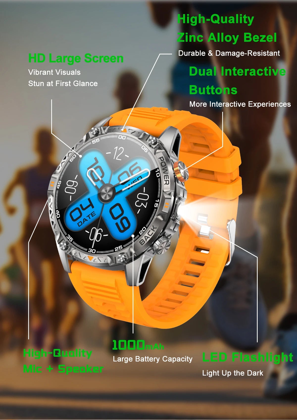 LIGE Nouvelle Montre Intelligente Militaire Hommes 1000mAh Batterie Super Capacité Bracelet Sportif Extérieur Moniteur de Fréquence Cardiaque Montre Connectée Étanche