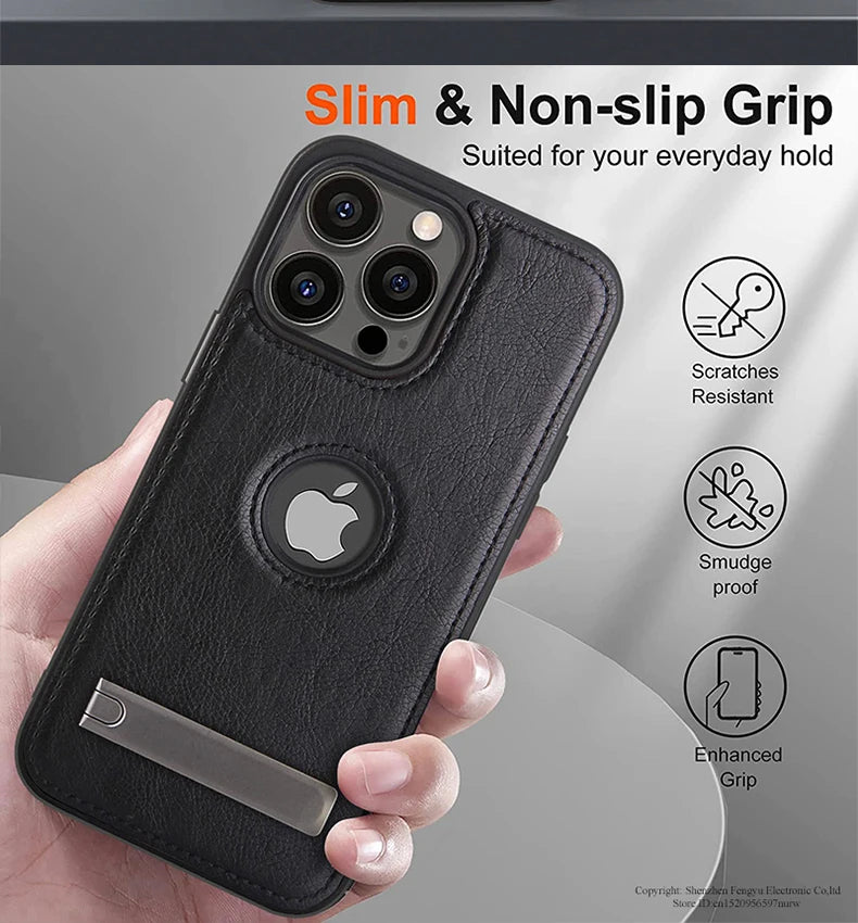 Handyhülle aus PU-Leder mit Ständer für iPhone 17 16 15 Pro Max 14 Plus 13 12 11 Mini Weicher Griff Luxus-Rückabdeckung mit Ständer