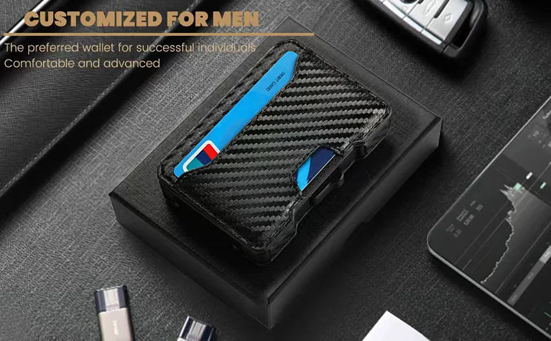 Aluminium Pop-Up-Kartenetui und Lederfächer Kreditkartenhalter RFID-blockierende Brieftasche für Herren mit Geschenkbox