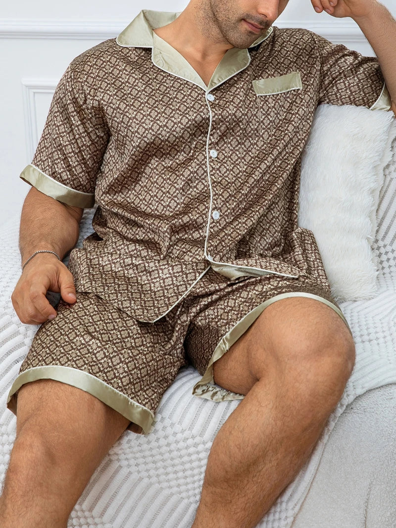 Herren-Pyjama-Set mit Karodruck, Kurzarm-Revers-Oberteil und elastische Shorts, bequem, perfekt für Sommer-Schlafanzüge und Loungewear