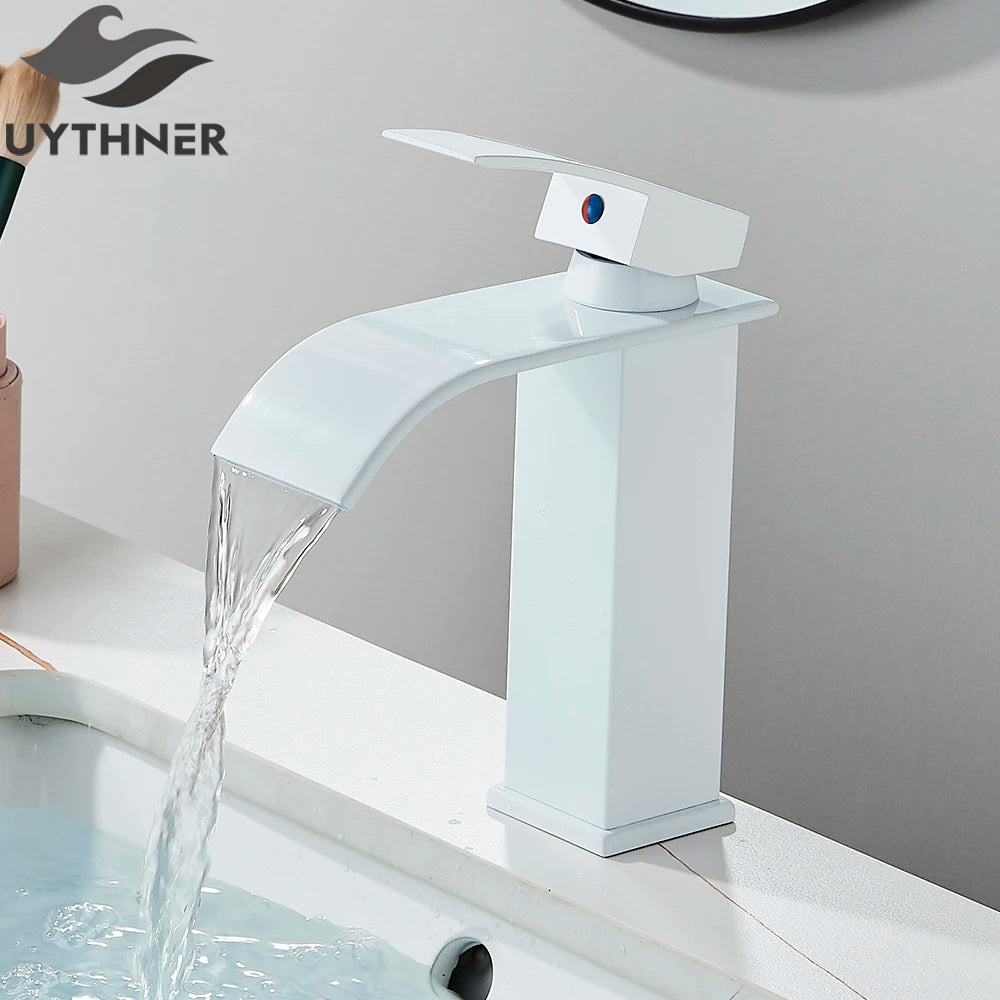 Robinet de Lavabo Doré Brossé, Élégant Robinet Cascade pour Salle de Bain, Mitigeur Monocommande en Laiton à Fixation sur Plan