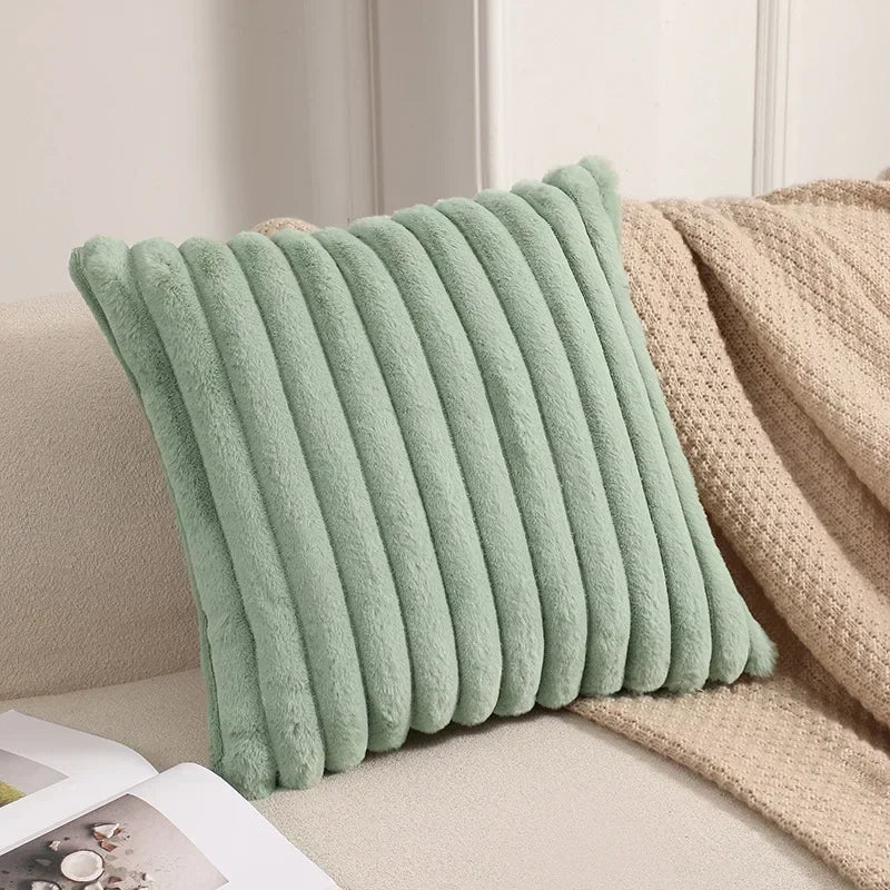 Housse de coussin en fausse fourrure de lapin, housse de coussin moelleuse et douce à rayures, oreillers décoratifs, décoration de luxe pour canapé
