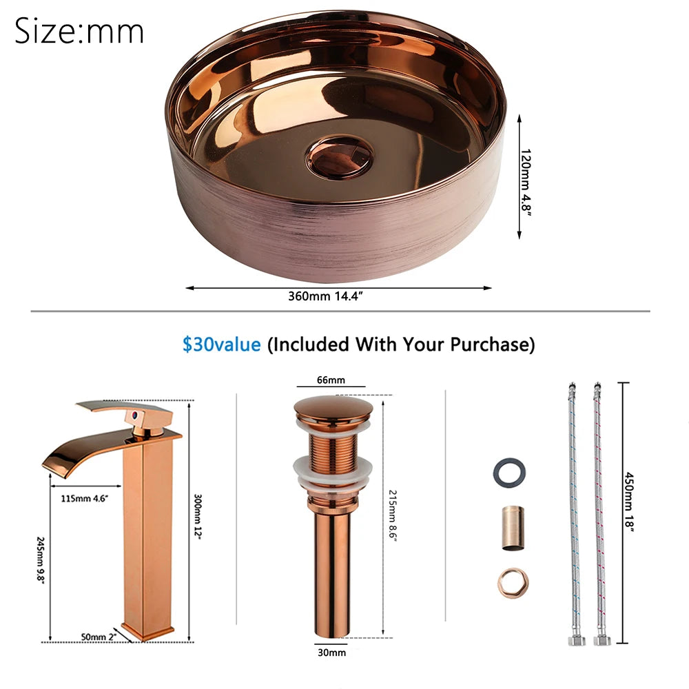 YANKSMART Gold Runder Keramik Waschbecken Wasserhahn Goldener Einhandmischer Wasserfallarmatur mit Pop-up-Ablaufgarnitur Set