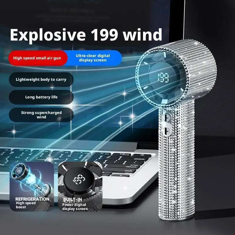1 Stück Luxus Diamant Handheld Mini-Ventilator 199-Gang einstellbar Tragbarer Handheld Turbo-Ventilator Outdoor Digitalanzeige Elektrischer Ventilator