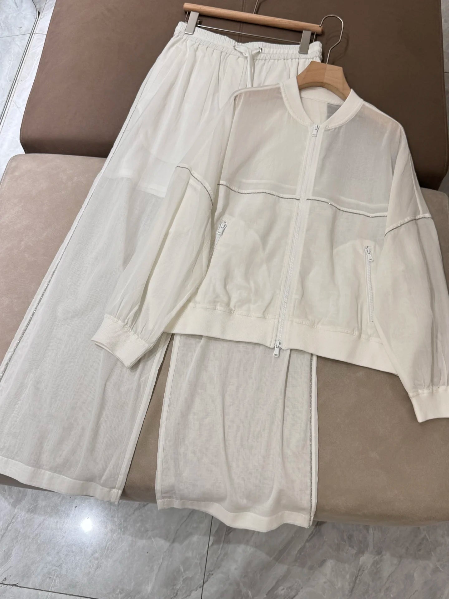 Spring Summer 2025 Women's Thin Cotton Sun Protection Suit Long Sleeve Zipper Jacket + Drawstring Straight Pants 2-Piece Set