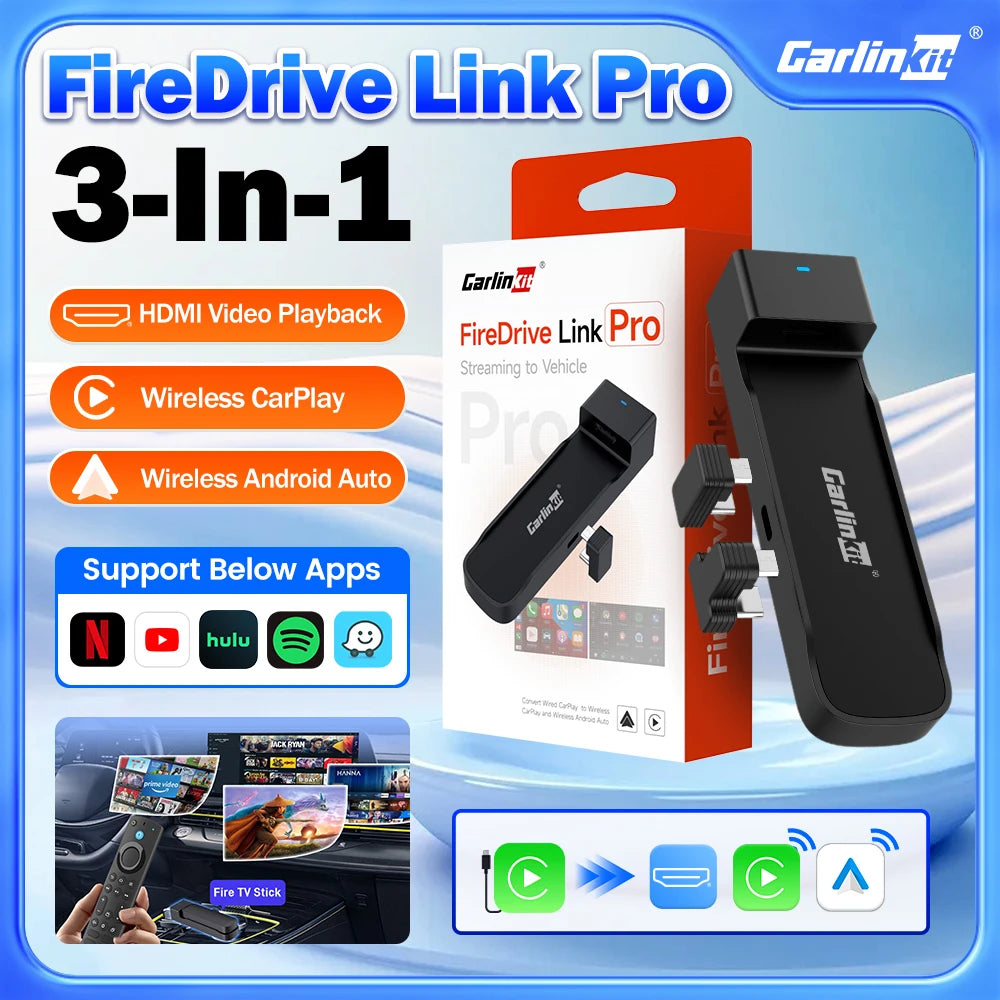 Adaptateur sans fil 3-en-1 CarlinKit FireDrive Link Pro Wireless Android Auto CarPlay HDMI Pour Fire TV Stick Lite/Max/HD Lire des vidéos