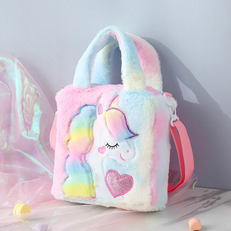 Sacs pour enfants Sacs à bandoulière Sac à bandoulière en peluche brodé dessin animé Sac à main mignon pour fille Sac à bandoulière licorne pour fille Spot