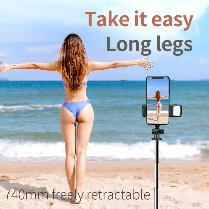 MEUYAG Tragbares, faltbares Selfie-Stick-Stativ mit Aufhelllicht und kabelloser Bluetooth-Fernbedienung für Telefone