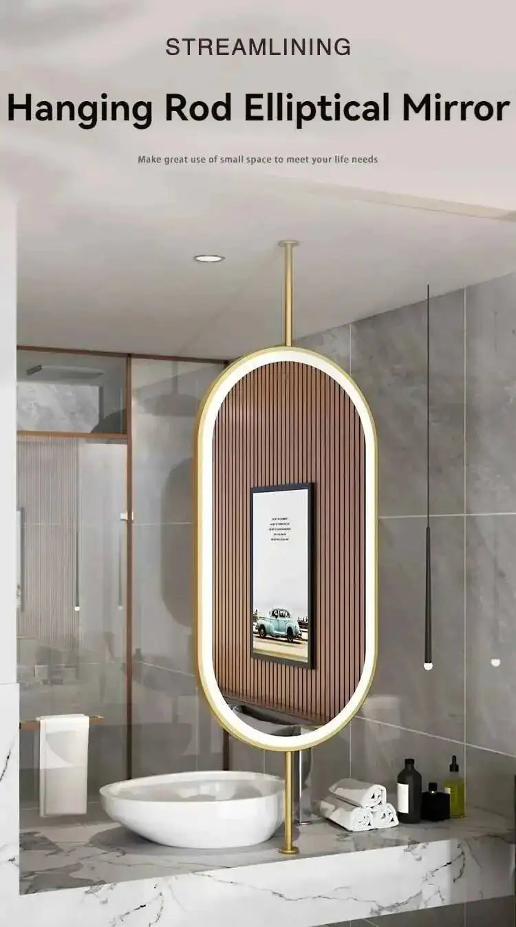 Miroir ovale de salle de bain en métal doré, miroir mural créatif avec LED, miroirs décoratifs, accessoires de décoration intérieure