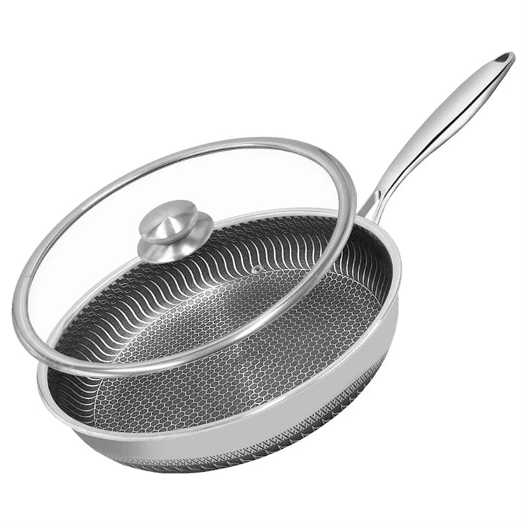 LMETJMA Poêle à frire en acier inoxydable antiadhésive alvéolée avec couvercle compatible avec les tables de cuisson à induction, vitrocéramiques et à gaz KC0480