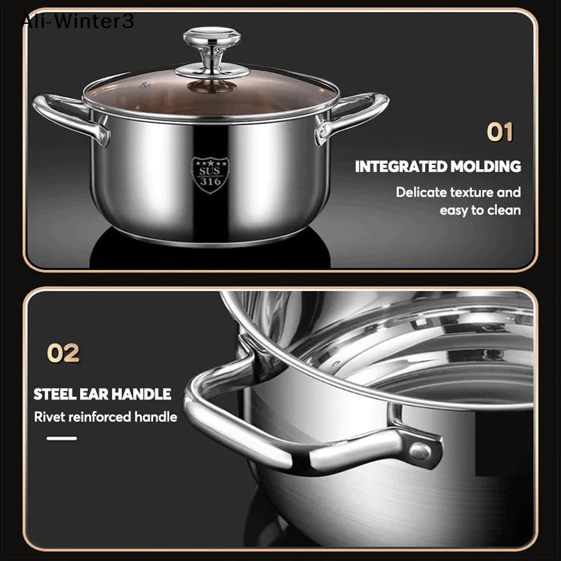 【R】Stainless Casserole Cookware Double Handle Soup Pot With Glass Cover For Induction Cooker Cooking