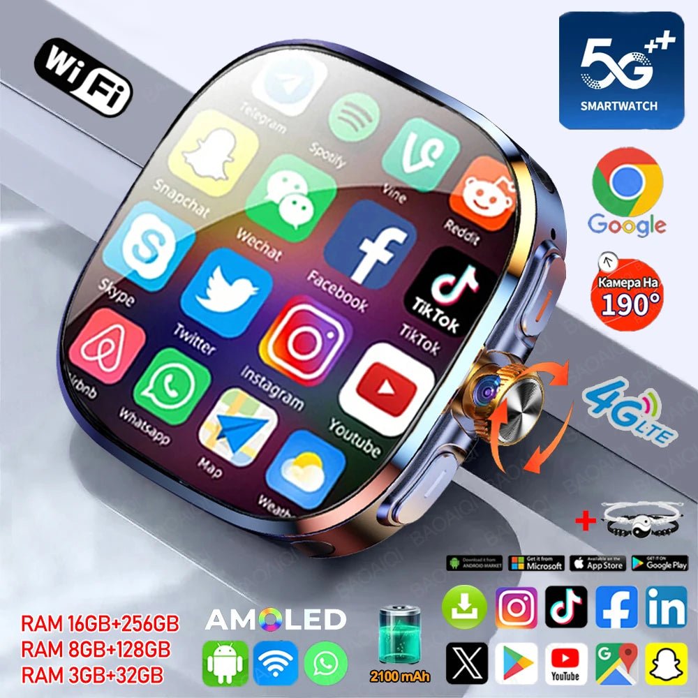 Montre intelligente 5G/4G réseau complet, écran HD 2,4 pouces, appel vidéo, 16 Go+256 Go de RAM, 2100 mAh, Google Play, WIFI, GPS, carte SIM