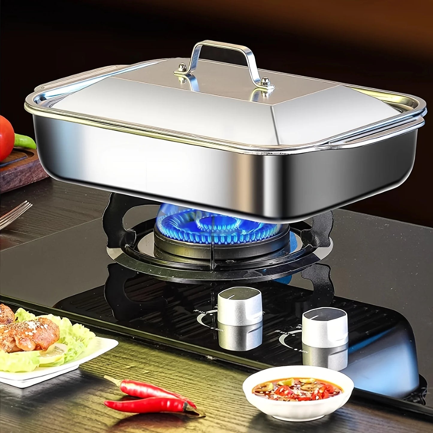Ensemble de 4 plats de cuisson en acier inoxydable avec couvercles - Plat profond de 40 x 23 cm pour poisson/pâtes/grillades, compatible four et lave-vaisselle, 4,2 L