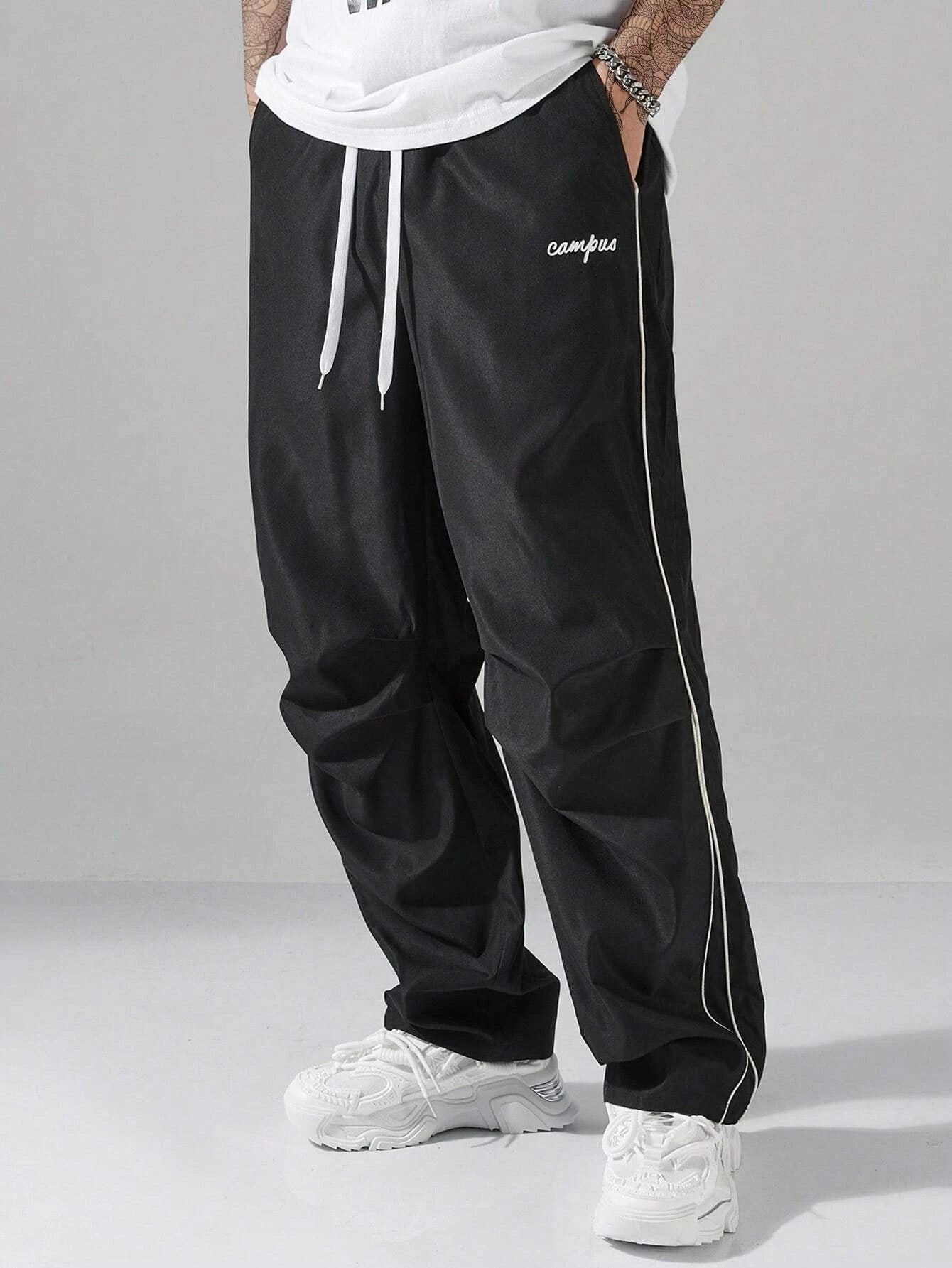 Larbulse Herren-Hosen mit Kontrastbesatz, modische Freizeithosen, einfarbig, atmungsaktiv, locker, gerades Bein, Kordelzug, Streetwear