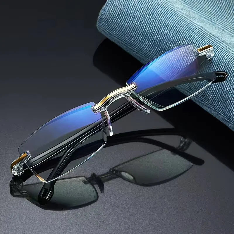 Lunettes de lecture anti-lumière bleue pour femmes, monture sans bords à découpe diamantée, pour hommes, anti-fatigue, hypermétropie, presbytie +1,5
