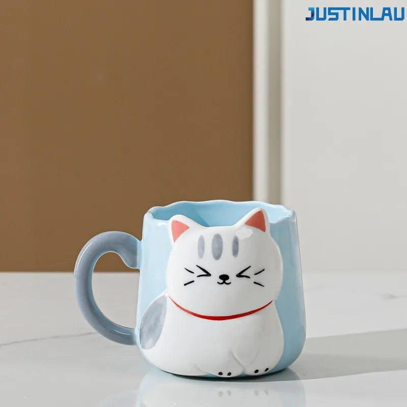JUSTINLAU Tasse en céramique mignonne avec couvercle et cuillère, motif chat de dessin animé en relief, style japonais, tasse à café émaillée, tasse à thé en céramique