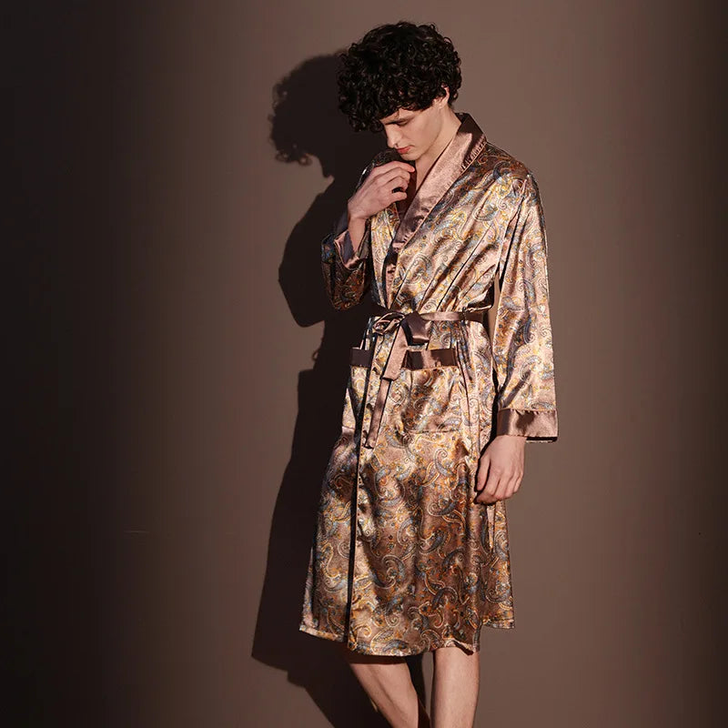 Peignoir d'été fin pour hommes, Robe de nuit de haute qualité, Peignoir une pièce, Vêtements d'intérieur masculins, Pyjama en soie glacée imprimé de grande taille pour homme, printemps