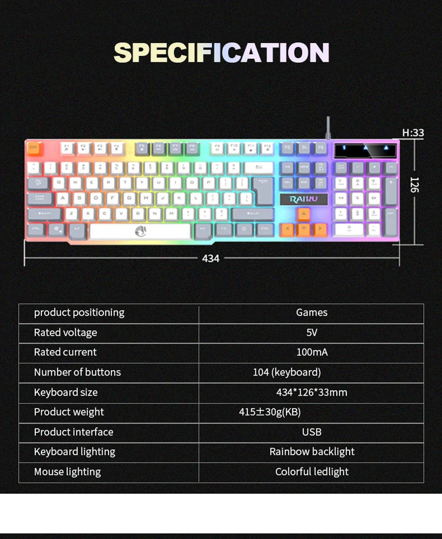 Clavier unique et souris de clavier RAIKU T26 Souris de clavier lumineuse trois tons Clavier de jeu tactile mécanique filaire