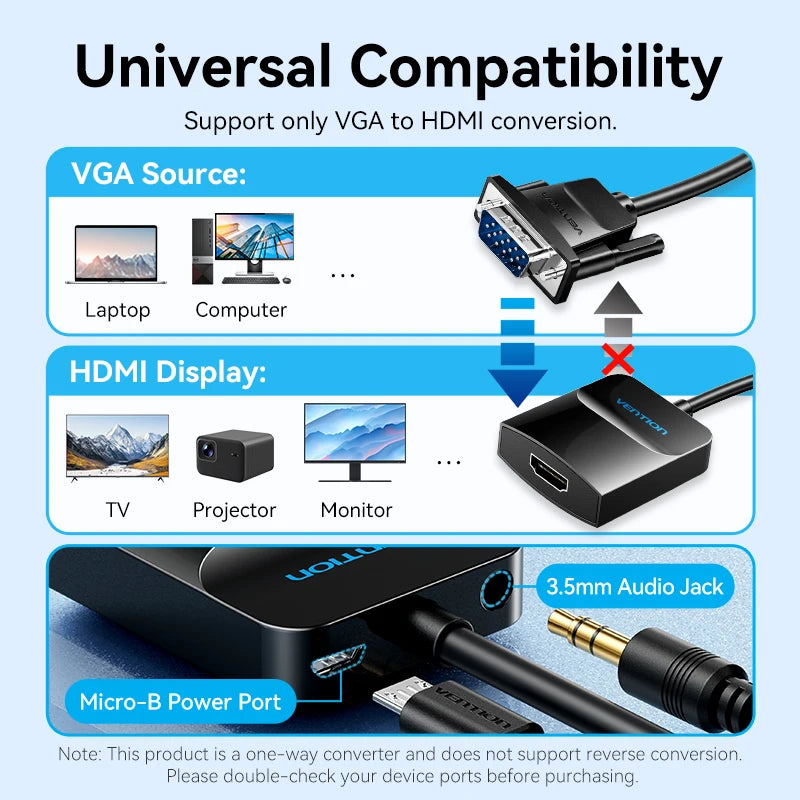 Vention Adaptateur VGA vers HDMI 1080P Convertisseur Mâle VGA vers Femelle HDMI avec Câble Audio et Alimentation USB pour PS4/3 HDTV Convertisseur VGA HDMI