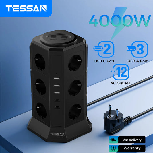 TESSAN Mehrfachsteckdosenleiste mit 12 Steckdosen +3 USB +2 Typ C EU Stecker Turmsteckdose mit 2 Schaltern 2M Verlängerungskabel