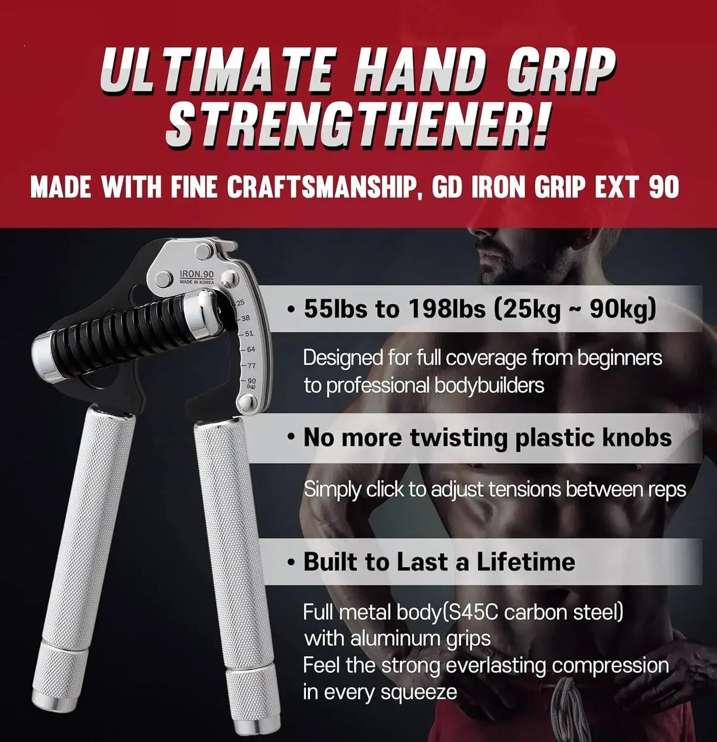 Iron Grip Adjustable Hand Gripper Strengthener Grip Strength Trainer Hand Grip Exerciser Wrist Strengtheners Silent Durable