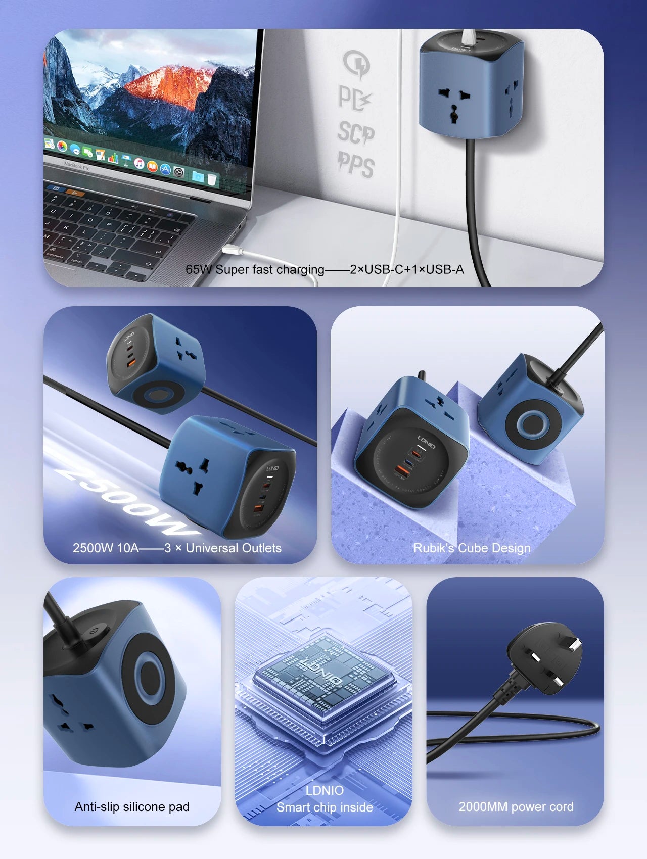 Multiprise cube LDNIO 3 prises universelles avec 3 ports USB 65W, protection contre les surtensions 2500W, cordon d'extension de 2m (fiche UK/EU/US) et interrupteur