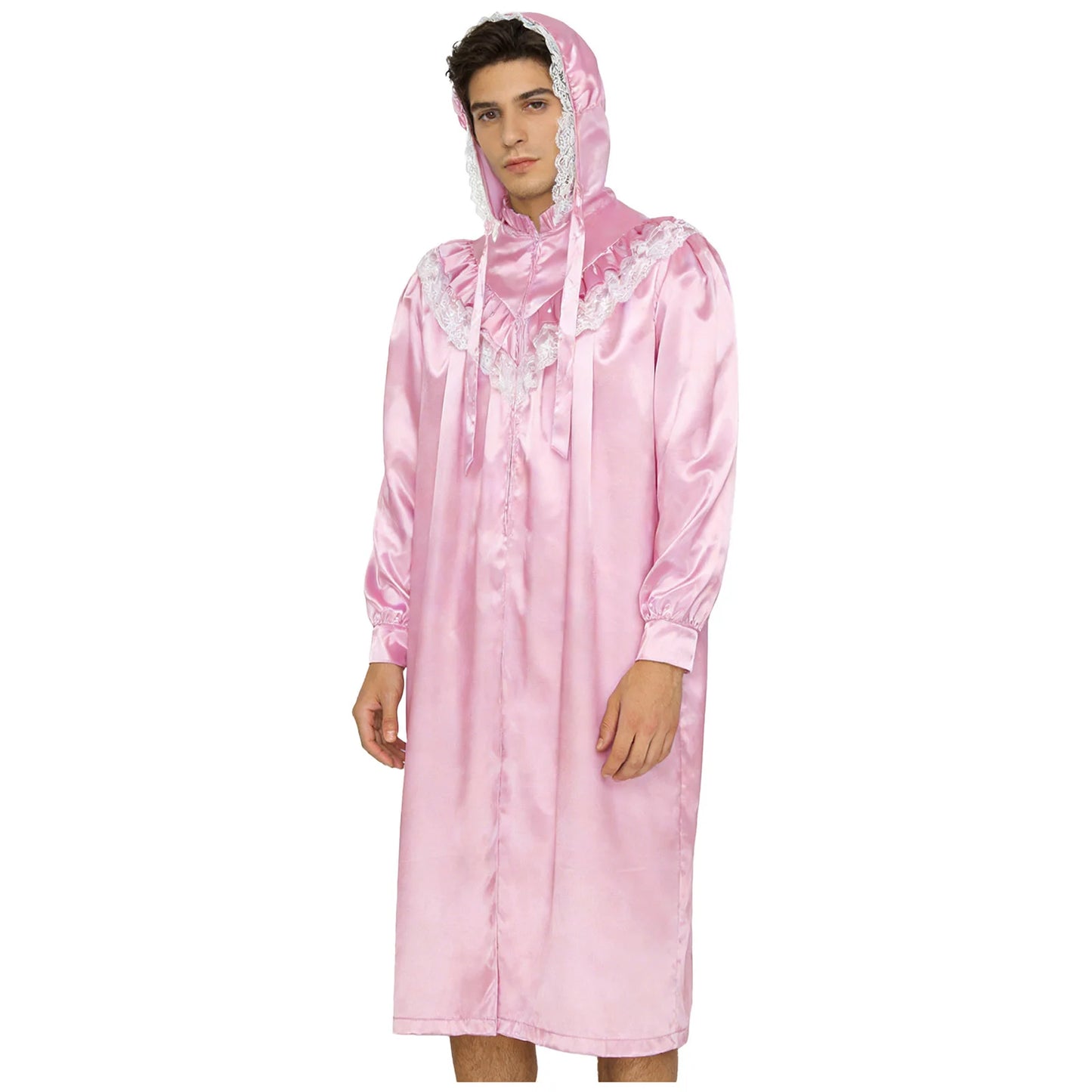 Pyjama homme à volants et dentelle, nuisette victorienne Sissy avec chapeau, robe de nuit satinée à manches longues et fermeture éclair sur le devant