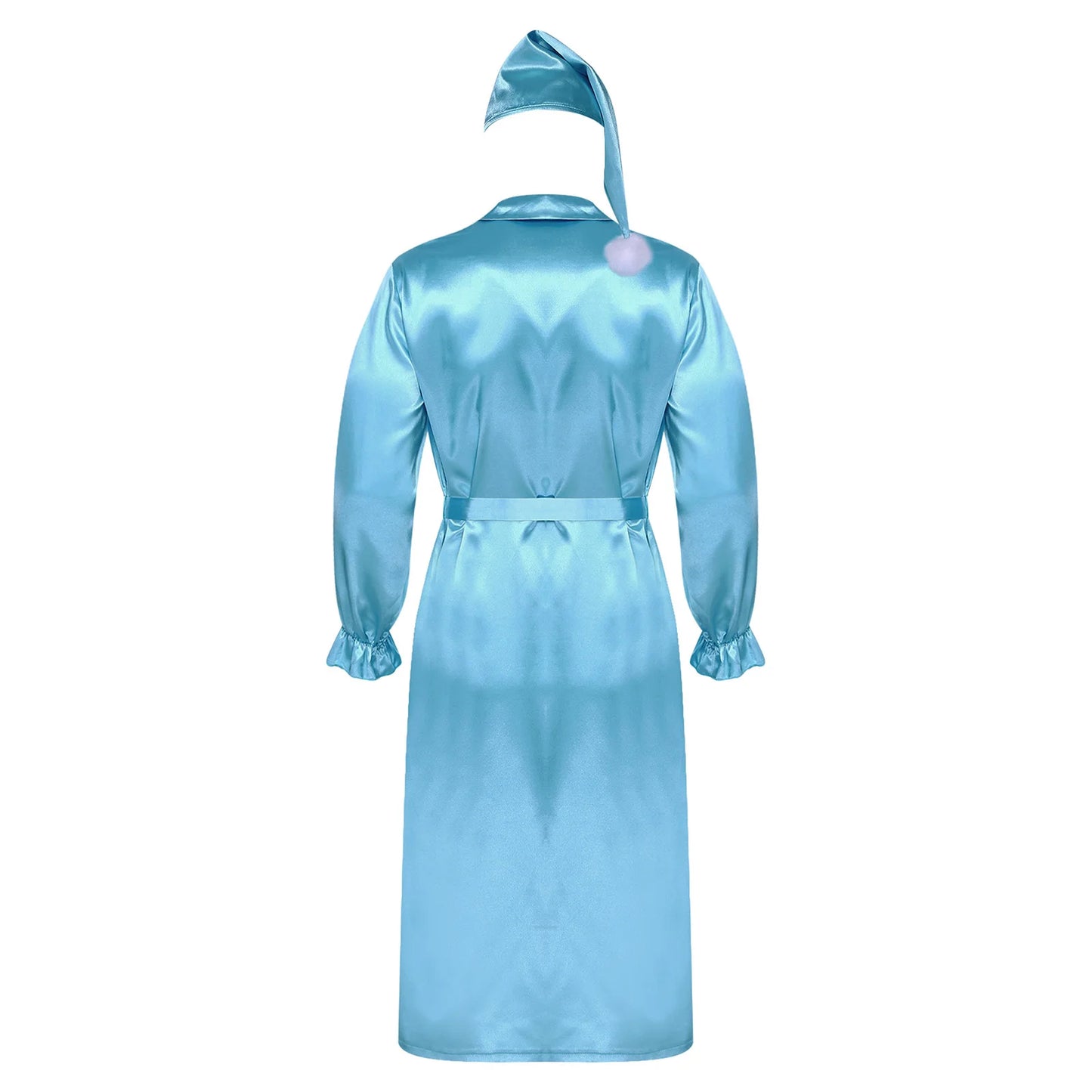 Herren Sissy Pyjama Satin-Nachtwäsche Nachthemd mit Schlafhaube Langarm Rüschenmanschetten Plissierter Brustumhang mit Gürtel Vintage