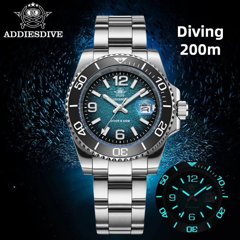Montre de Plongée Homme ADDIESDIVE 41mm AD2513 Étanche 200m Acier Inoxydable 316L Montre-Bracelet à Quartz Calendrier BGW9 Super Lumineux
