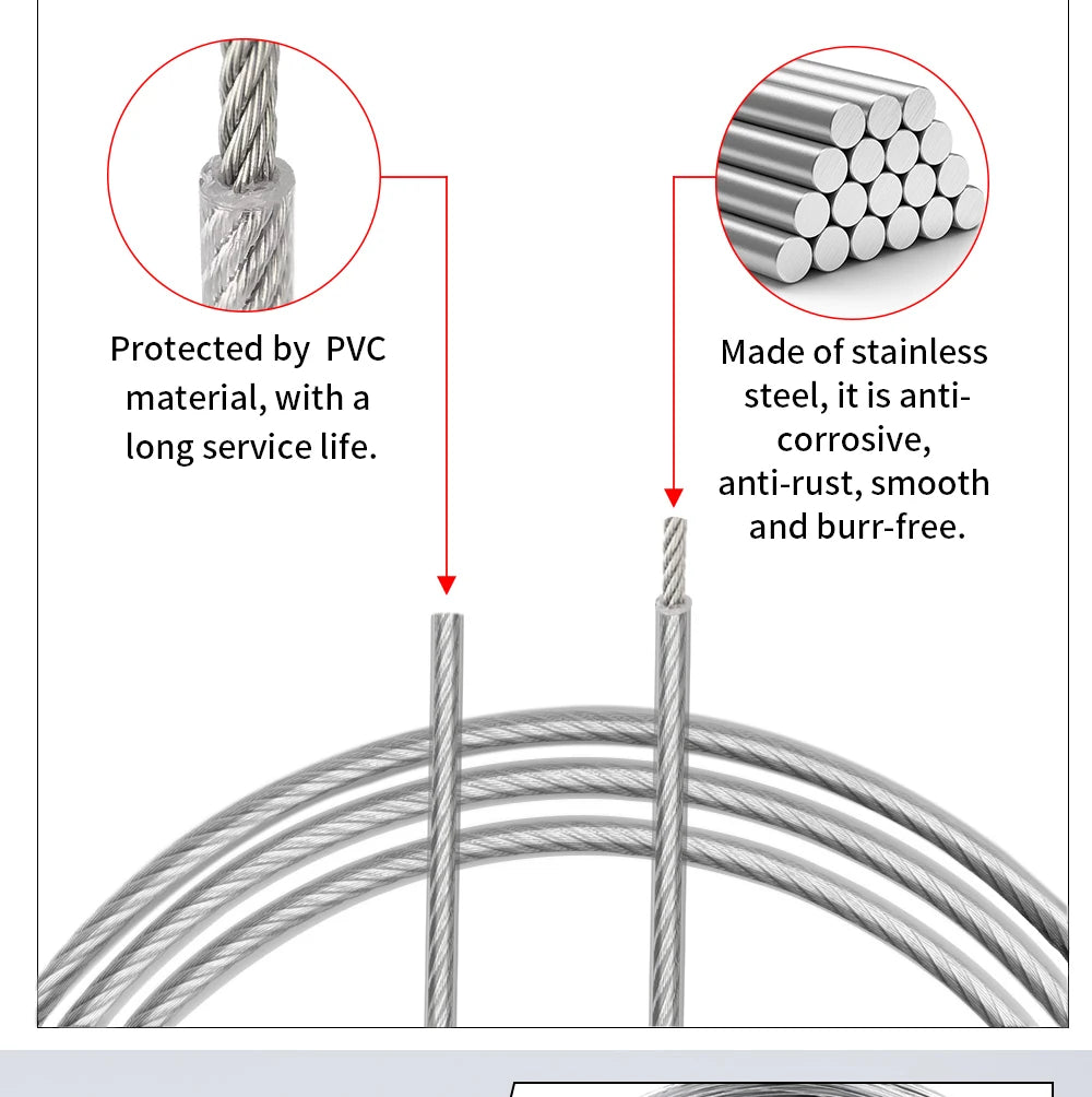 1/1.2/1.5/2/3/4/5mm cable rope, 5-20M PVC transparent coated steel cable rope, 304 stainless steel cable rope