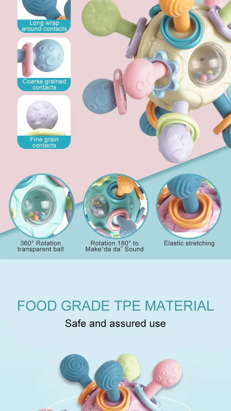 Jouets Bébé 0-12 Mois Hochet Balle Rotative Jouet d'Activité à Saisir Jouet de Développement Bébé Anneau de Dentition en Silicone Jouets Sensoriels Bébé pour Bébés