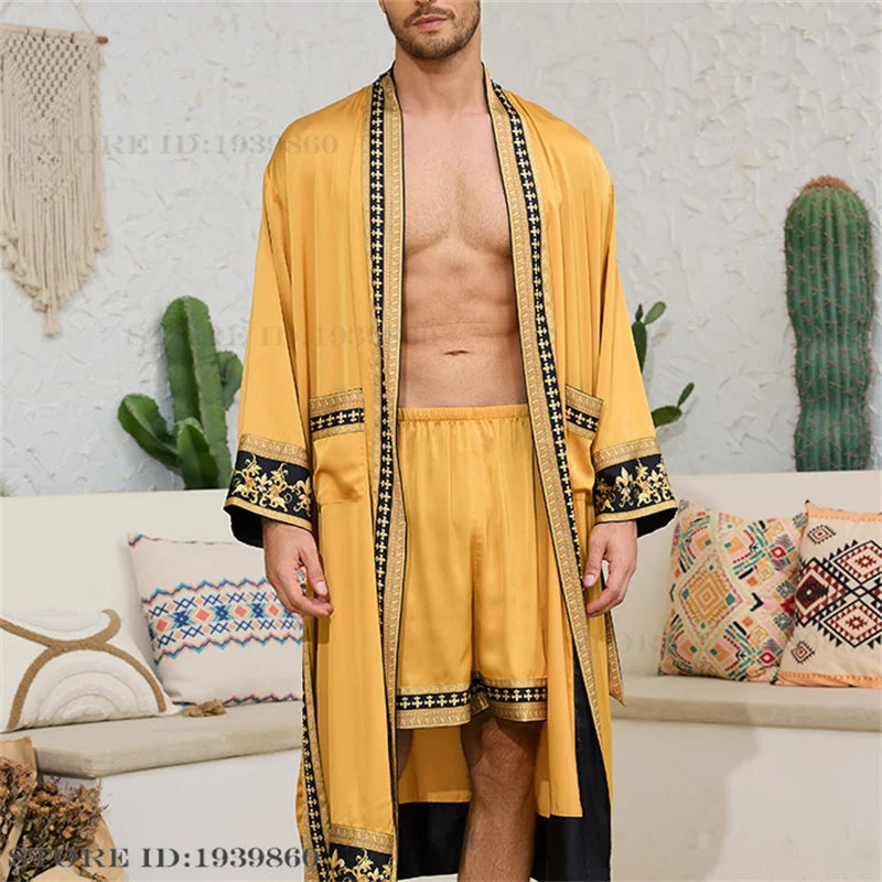 Frühling Sommer Neu Herren Schlafanzug 2-teiliges Roben-Shorts-Set Barockstil Seidensatin Kimono Bademantel Nachthemd Lose Homewear Loungewear