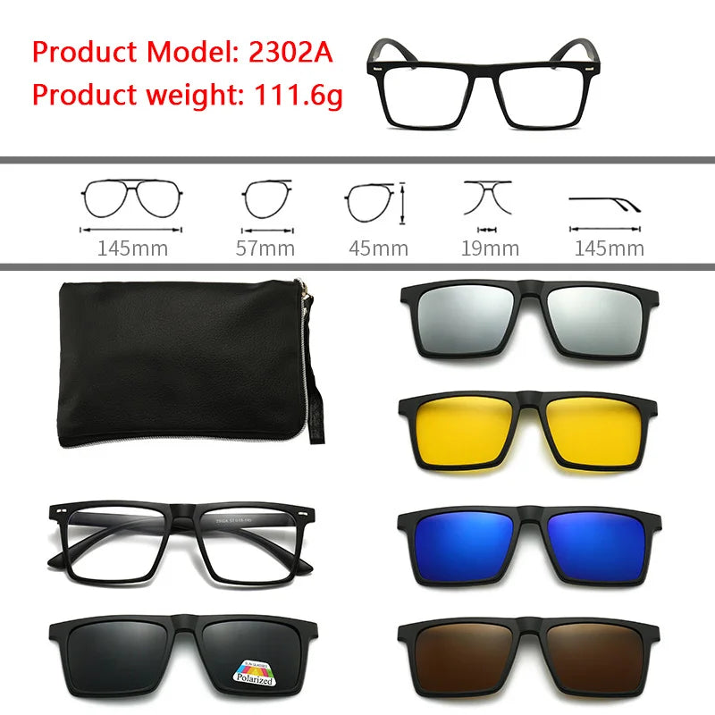 6 In 1 Polarized Sunglasses Men Women Magnetic Clip On Glasses TR90 Optical Prescription Eyeglass Frames Magnet Clips