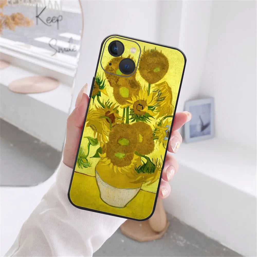 Art Van Gogh Sternenklare Sonnenblume Handyhülle für iPhone 11 12 13 14 15 16 17 Pro Max 17AIR 14 15 16 Plus Schwarze Weiche Silikonhülle