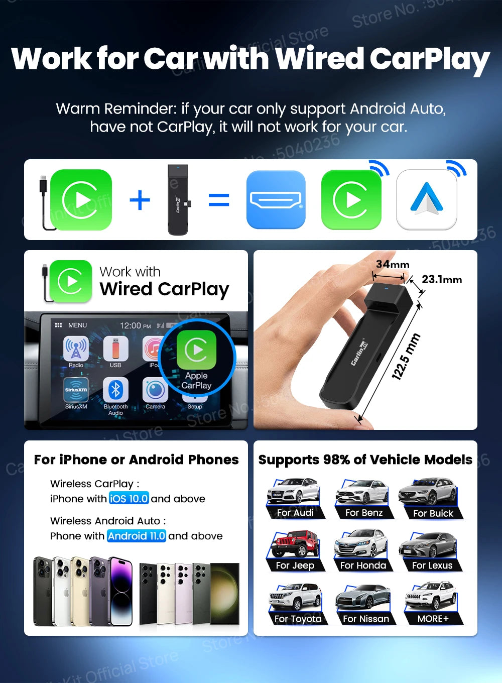 Adaptateur sans fil 3-en-1 CarlinKit FireDrive Link Pro Wireless Android Auto CarPlay HDMI Pour Fire TV Stick Lite/Max/HD Lire des vidéos