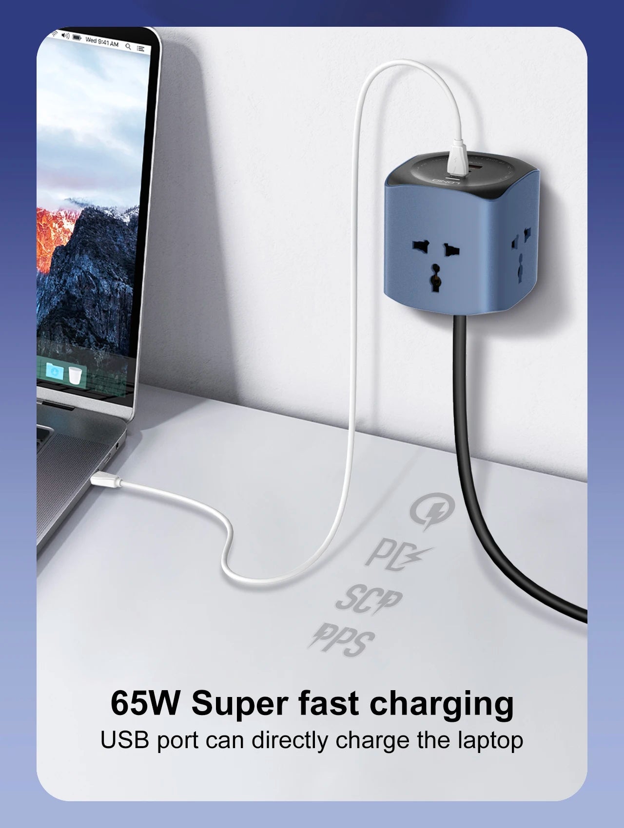 Multiprise cube LDNIO 3 prises universelles avec 3 ports USB 65W, protection contre les surtensions 2500W, cordon d'extension de 2m (fiche UK/EU/US) et interrupteur