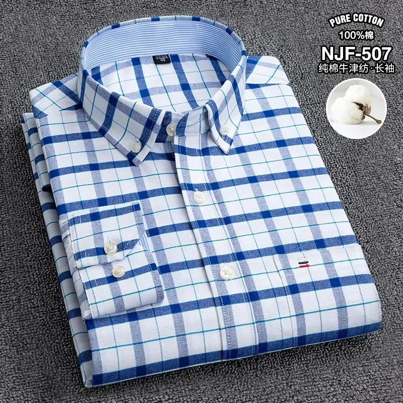 100-220 catties Plus Size Men's Shirt 100% Cotton Long Sleeve Business Casual All Oxford Spinning Plus Size Plaid Shirt