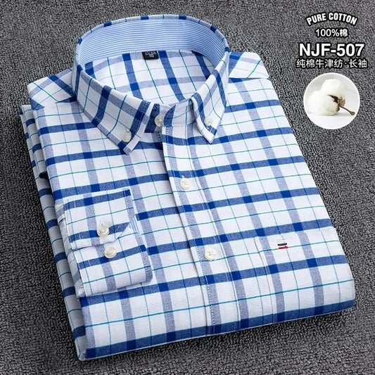 100-220 catties Plus Size Men's Shirt 100% Cotton Long Sleeve Business Casual All Oxford Spinning Plus Size Plaid Shirt