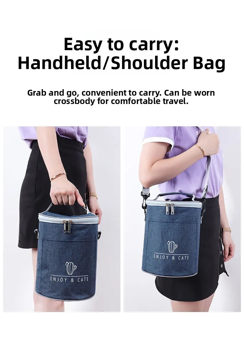 Große runde Thermische Lunchtasche Verdickte Aluminiumfolie Isolierte Bento-Tasche mit Reisbehälter Wärmetasche Mahlzeitenbeutel Oxford T...