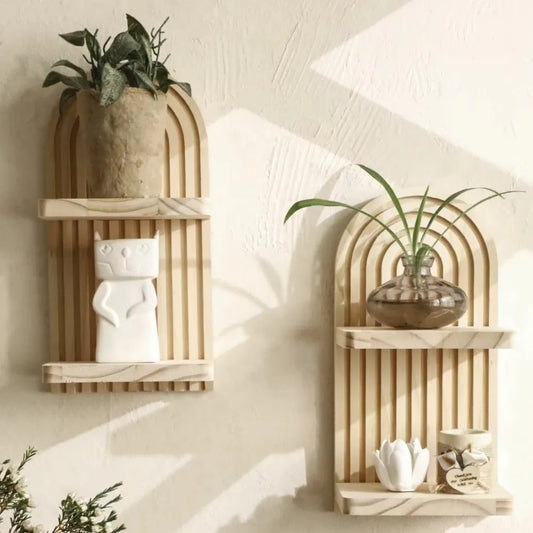 Oval Threaded Wooden Wall Shelves Geometric Natural Boho Style Rack Decorative Vintage Arched Floating Shelf Bedroom