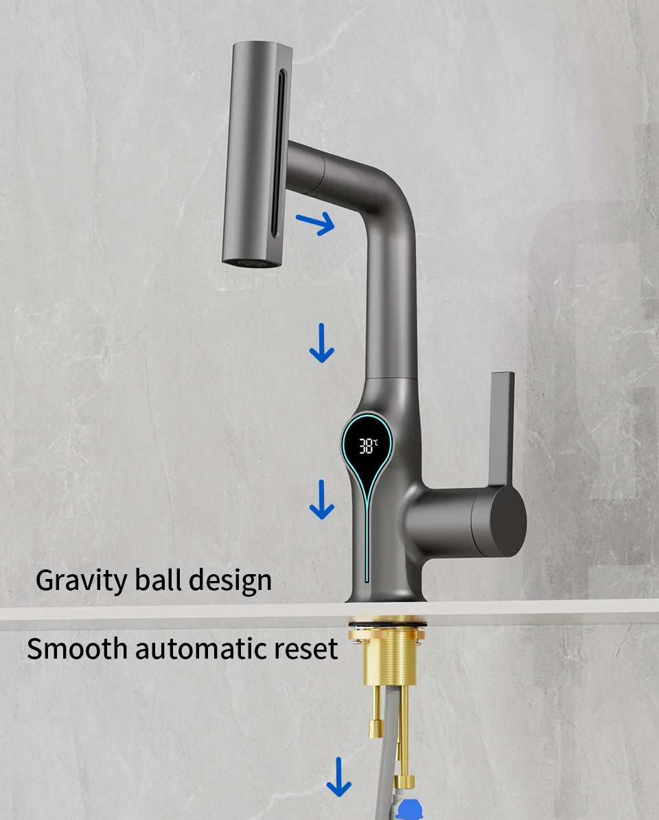 Robinet de lavabo numérique avec affichage de la température Cascade, pulvérisateur à jet relevable haut et bas, mélangeur chaud/froid pour salle de bain