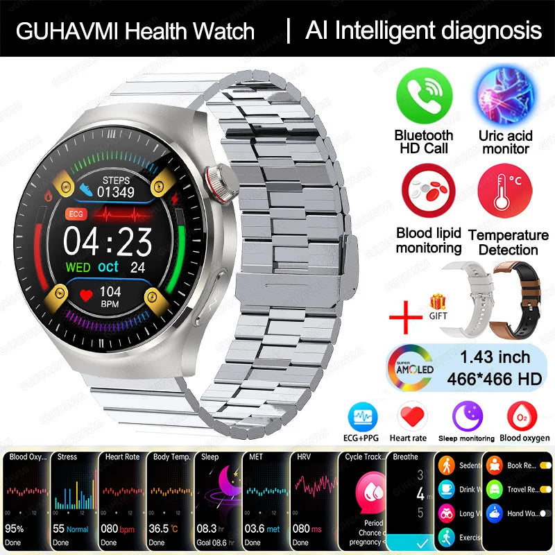 Montre Intelligente de Soins Infirmiers 2025 Montre connectée Santé, oxygène sanguin, lipides sanguins, acide urique, ECG+PPG, température corporelle, appel Bluetooth