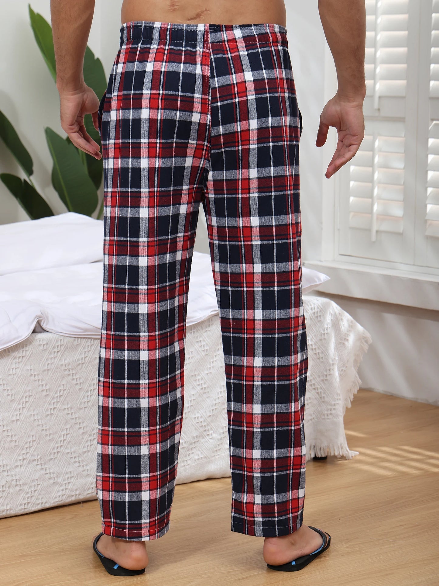 Pyjama Homme 3 Pièces Coton Carreaux, Pantalon de Pyjama Long Carreaux avec Taille Élastique pour Homme