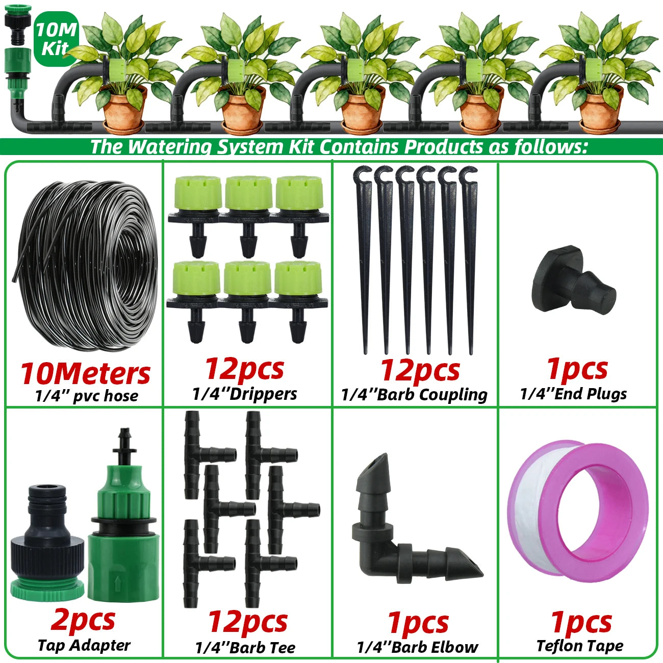Kit d'irrigation goutte à goutte pour jardin 5-30M Tuyau 1/4'' Système d'arrosage automatique Économie d'eau portable réglable pour plantes et fleurs de serre
